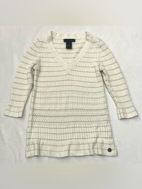 Calvin Klein Women’s 3/4 Sleeve Cream Gold Knit Cotton Blend Sweater Petite Med